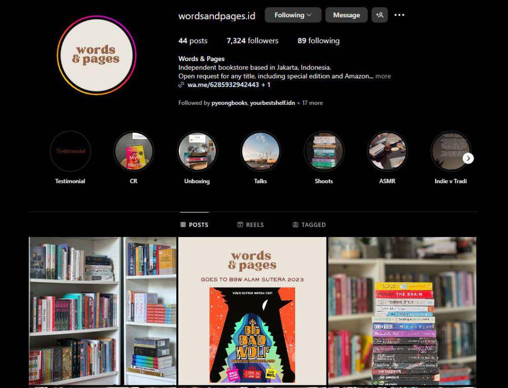 Akun Instagram toko buku Words and Pages. (Dok. Instagram/wordsandpages.id)