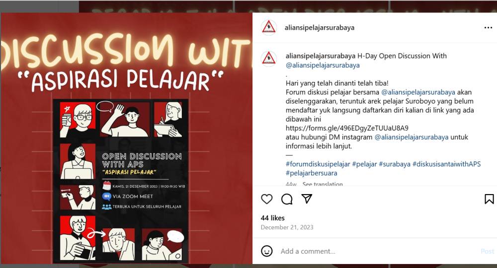 Tangkapan layar flayer di akun IG Aliansi Pelajar Surabaya. (Instagram/@aliansipelajarsurabaya)