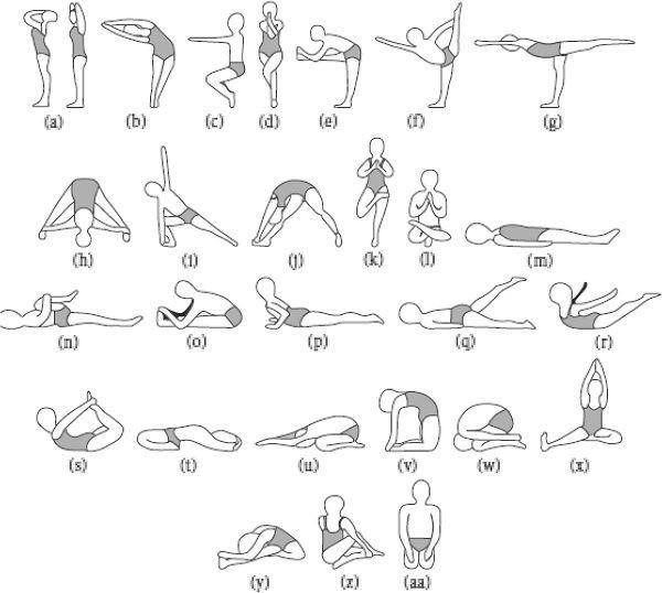 ilustrasi pose gerakan Bikram yoga (bmccomplementmedtherapies.biomedcentral.com/BMC Complement Altern Med 19, 234 (2019)
