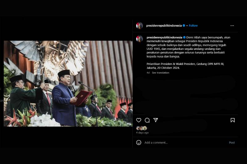 Presiden RI, Prabowo Subianto membuat akun Instagram baru dengan username @presidenrepublikindonesia. (instagram.com/presidenrepublikindonesia)