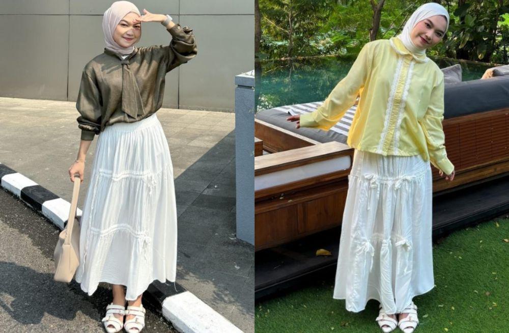 9 Ide Padu Padan Rok Hijab ala Olin Mahersa, Tampil Feminin!