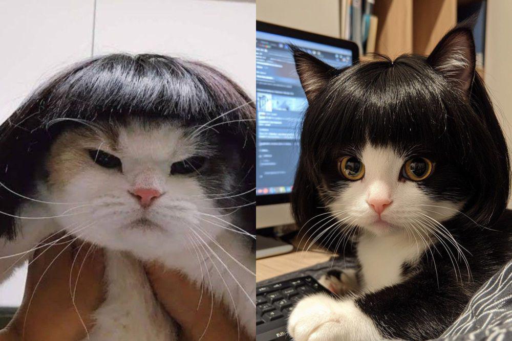 9 Foto Lucu Kucing Pakai Wig Hitam, Udah Mirip Hooman?