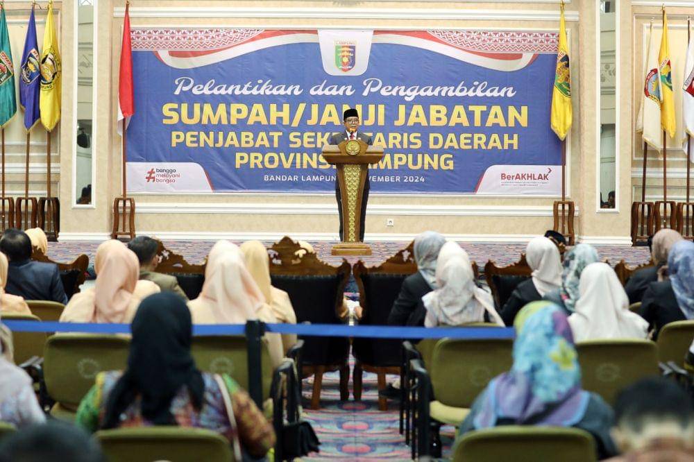 Pj Gubernur Lampung, Samsudin saat memberikan sambutan pada acara pelantikan Pj Sekda Provinsi Lampung. (IDN Times/Adpim Provinsi Lampung)