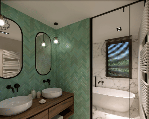 ilustrasi kamar mandi dengan dinding hijau (houzz.co.uk/Marc Achkar Creative Studio)