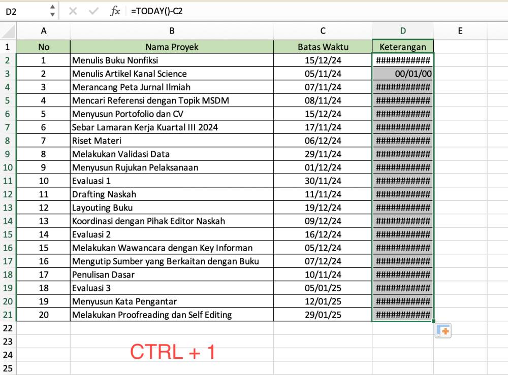 Penggunaan rumus TODAY pada Excel yang ditujukan untuk perlakuan data tanggal (dok.pribadi/Reyvan Maulid)