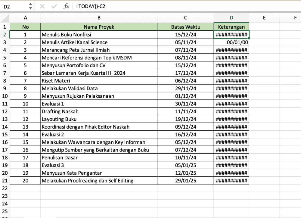 Penggunaan rumus TODAY untuk melakukan perlakuan data tanggal (dok.pribadi/Reyvan Maulid)