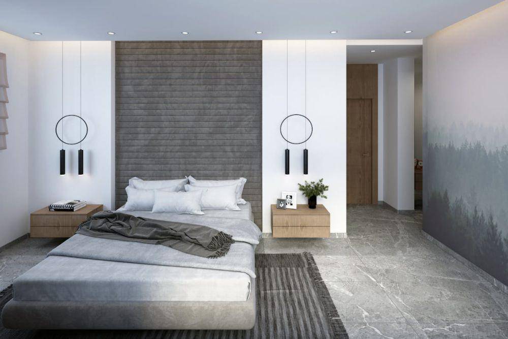 ilustrasi kamar tidur minimalis dengan warna dinding gradasi grays (pexels.com/Hiba Q. Omar)