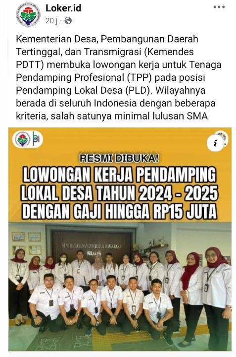 Lowongan Kerja Kemendes Hoax. (Dok/Screenshot Facebook).
