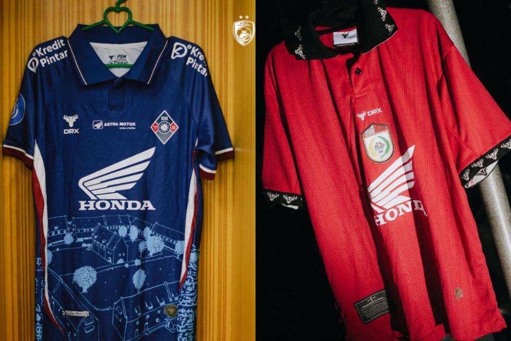Dua jersey spesial PSM Makassar yakni untuk peringatan ulang tahun ke-109 (kiri) serta peringatan 25 tahun gelar Liga Indonesia 1999/2000 (kanan). (Instagram.com/drxwear)