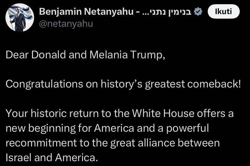 Ucapan selamat Benjamin Netanyahu kepada Trump lewat X (6/11/2024). (x.com/@netanyahu)