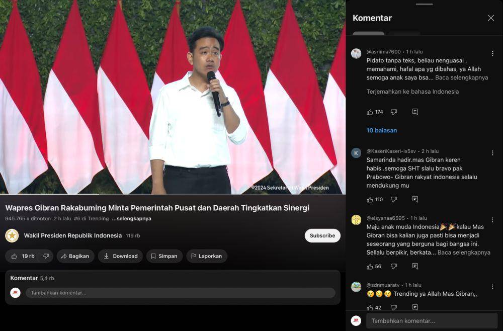 Tangkapan layar komentar video trending Wapres Gibran Rakabuming Raka di Channel Youtube Wapres Republik Indonesia. (Channel Youtube Wapres Republik Indonesia).