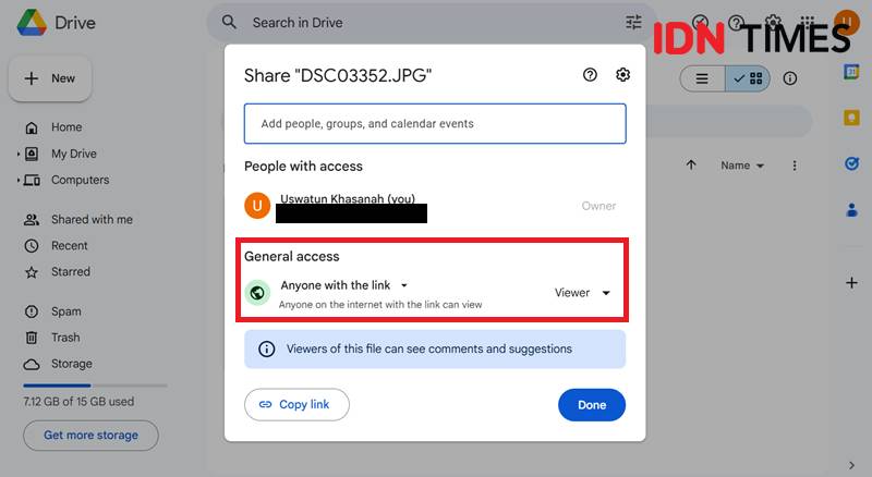 ilustrasi pengaturan akses pengguna ke link Google Drive (IDN Times/Uswatun Khasanah)