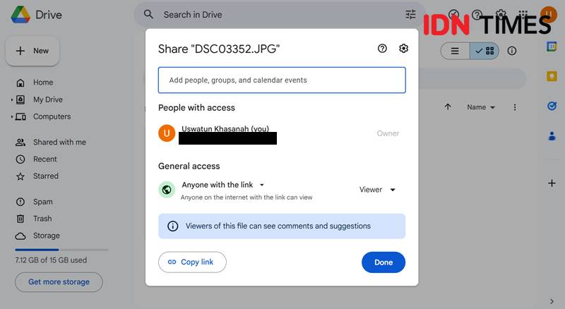 ilustrasi pengaturan akses dokumen di Google Drive (IDN Times/Uswatun Khasanah)