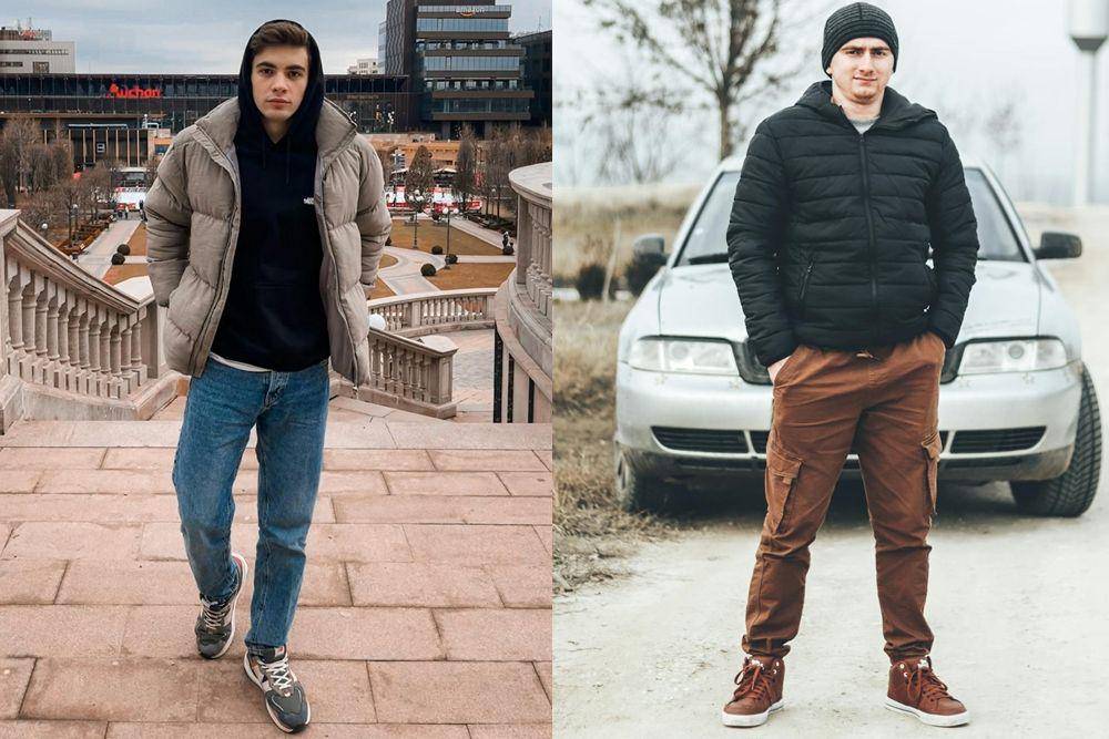 mix and match puffer jacket (pexels.com/Gabriel Plesca | pexels.com/Malanca Stanislav)
