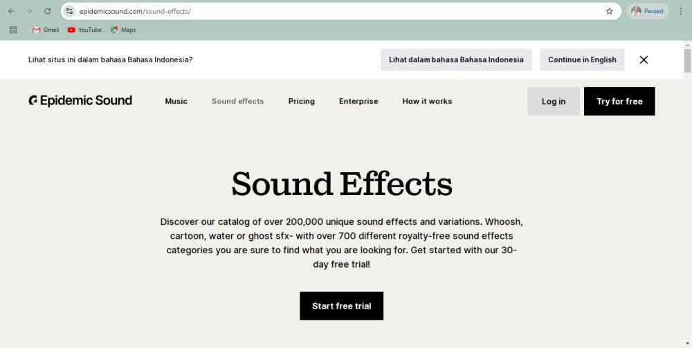 tampilan situs Epidemic Sound (epidemicsound.com)