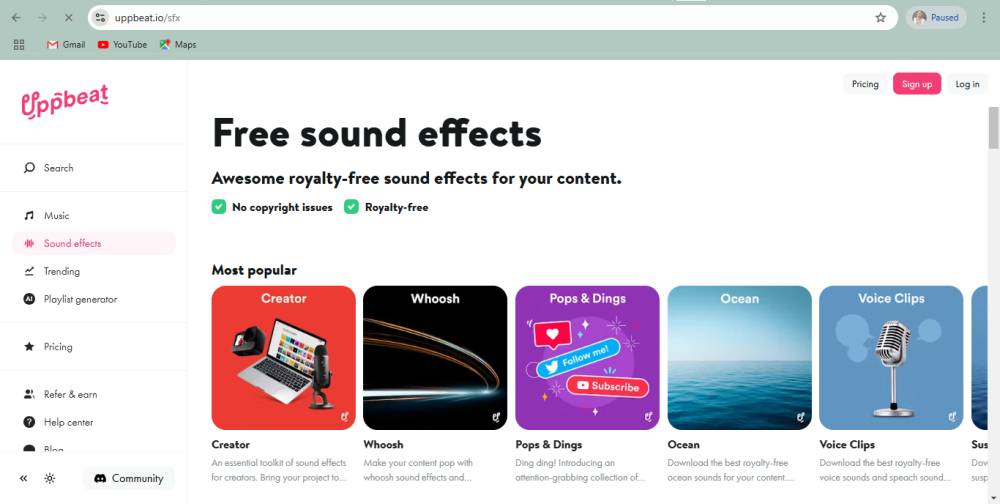 tampilan situs Uppbeat (uppbeat.io)