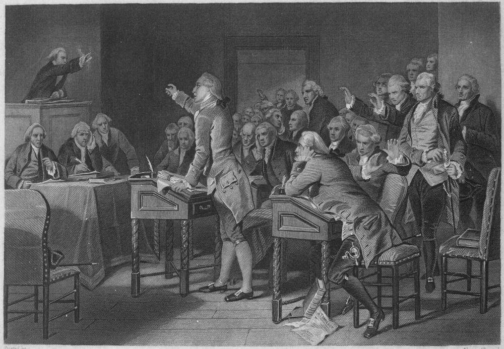 Patrick Henry berbicara di hadapan Majelis Virginia (commons.wikimedia.org/National Archives at College Park)