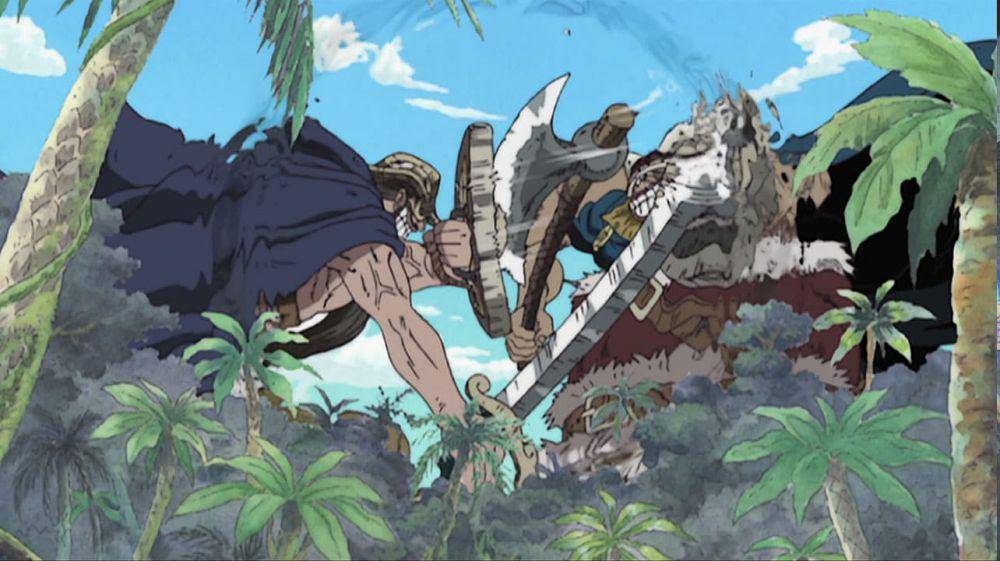 Pertarungan Dorry dan Brogy berlangsung tiap hari di Little Garden. (dok. Toei Animation/One Piece)