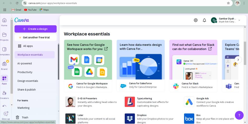tampilan fitur untuk integrasi aplikasi workplace (dok. Canva)