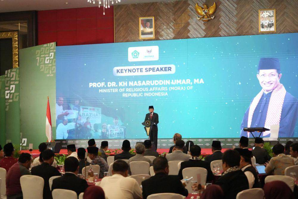 Menteri Agama RI, Nasaruddin Umar, dalam Baznas International Forum yang mengusung tema Humanitarian Solidarity for Palestina and Islamic World (Solidaritas Kemanusiaan untuk Palestina dan Dunia Islam), di Jakarta Pusat. (Dok. Kemenag)