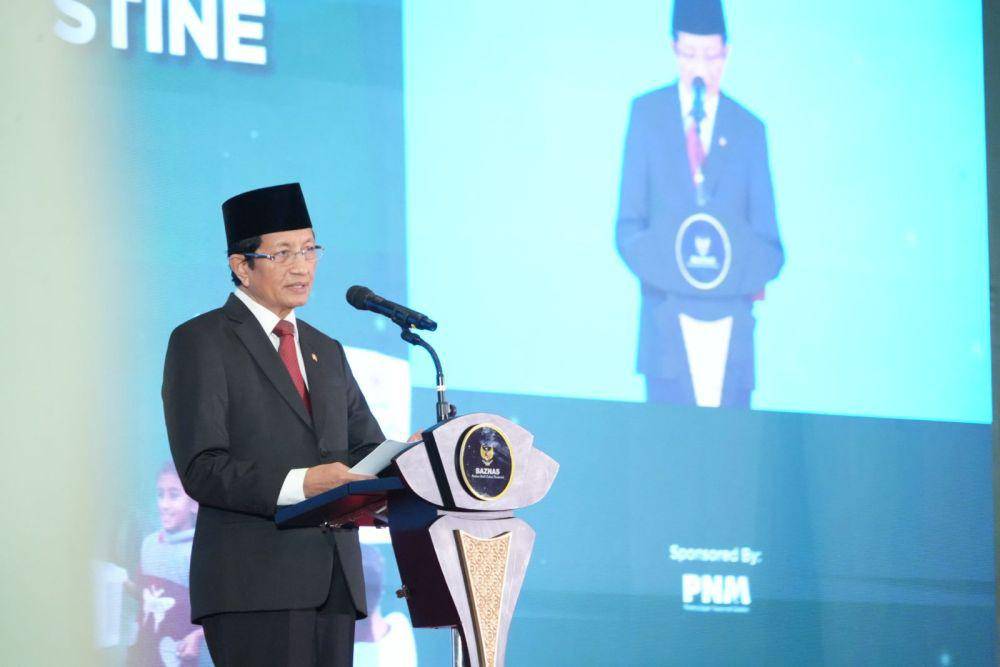 Menteri Agama RI, Nasaruddin Umar, dalam Baznas International Forum yang mengusung tema Humanitarian Solidarity for Palestina and Islamic World (Solidaritas Kemanusiaan untuk Palestina dan Dunia Islam), di Jakarta Pusat. (Dok. Kemenag)