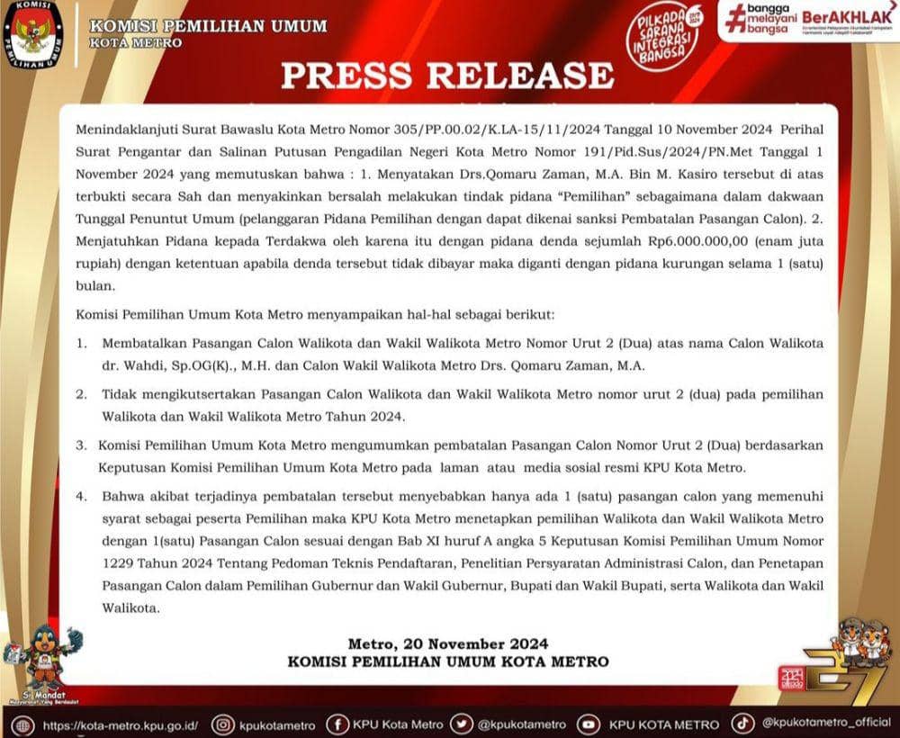Press release pengumuman pembatalan paslon Wahdi-Qomaru diunggah KPU Metro. (Instagram/@kpukotametro).