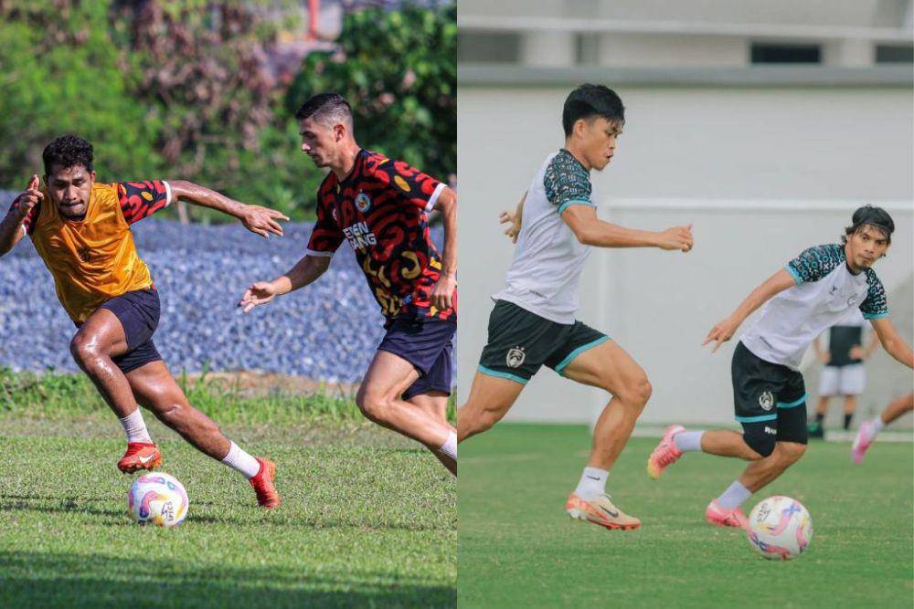 Para pemain Semen Padang (kiri) dan PSM Makassar (kanan) dalam sesi latihan jelang pertandingan pekan ke-11 BRI Liga 1 2024/25. (Kolase Berbagai Sumber)
