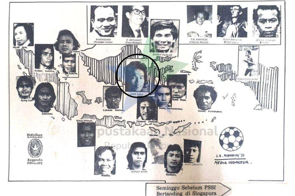 Potret Andi Lala (dilingkari) dalam daftar pemain Timnas yang berangkat ke Singapura untuk laga uji coba berlangsung pada Februari 1977. (Dok. Perpuskataan Nasional RI)