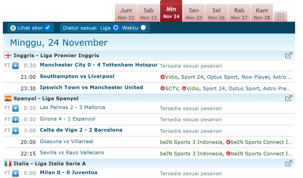 Tangkapan layar laman livesoccertv.com (dok. Live Soccer TV)