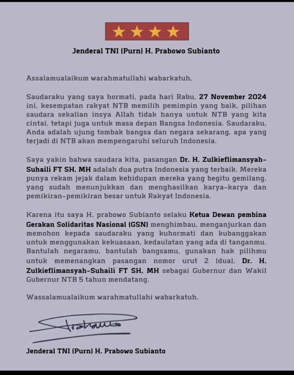 CEK FAKTA: Beredar Surat Imbauan Prabowo Dukung Zul-Uhel di Pilgub NTB