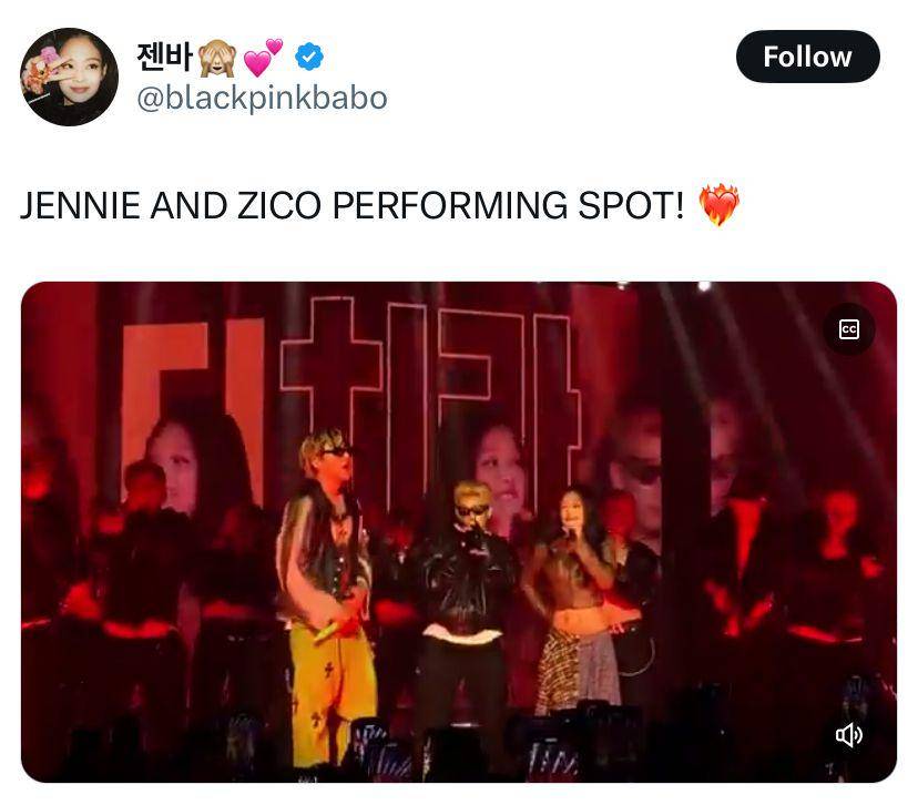 potret Jennie BLACKPINK beri kejutan dengan tampil di konser solo Zico (via X.com/@blackpinkbabo)