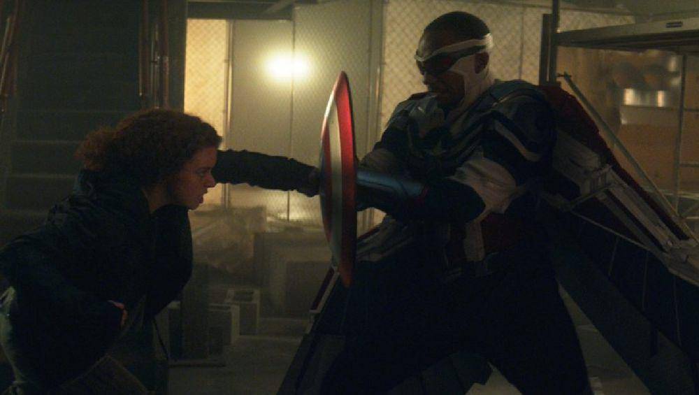 Sam Wilson bertarung melawan pemimpin Flag Smasher yang merupakan super soldier. (dok. Marvel Studios/The Falcon and The Winter Soldier)