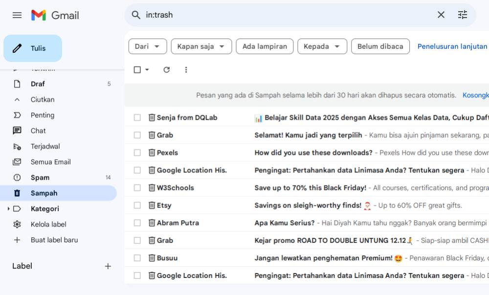 tampilan kumpulan email di folder sampah (dok. Gmail)