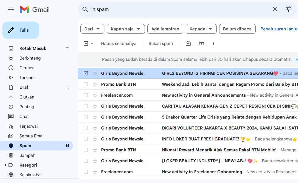 tampilan kumpulan email di folder Spam (dok. Gmail)