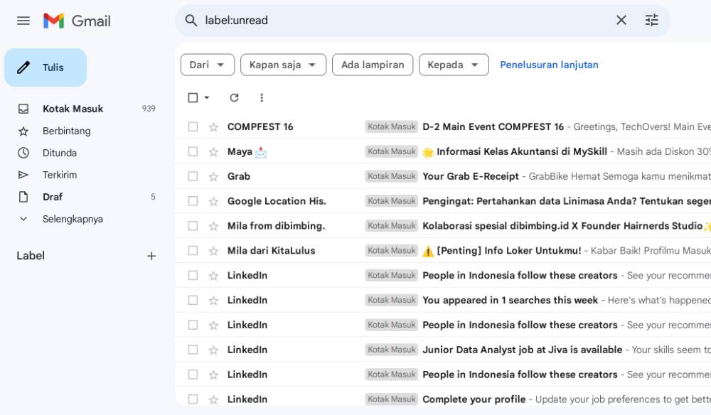 tampilan kumpulan email dengan label Unread (dok. Gmail)