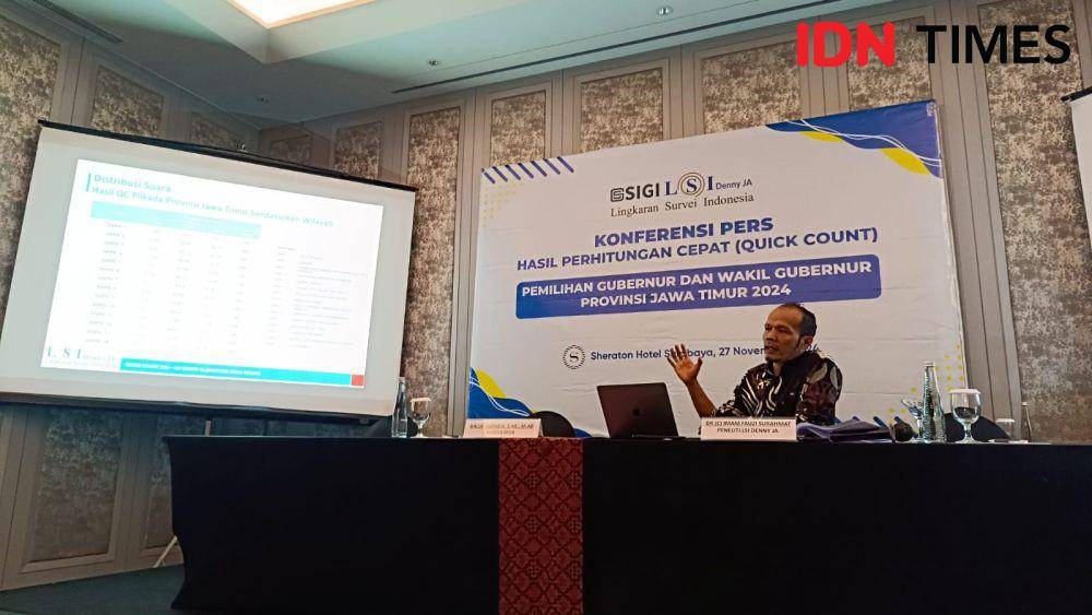 Peneliti Sigi LSI Denny JA, Imam Fauzi saat menjelaskan hasil hitung cepat. IDN Times/Ardiansyah Fajar.