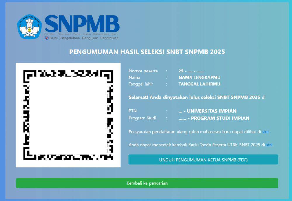 Tampilan visual apabila siswa maupun siswi lulus SNBT 2025 (https://pengumuman-snbt-snpmb.bppp.kemdikbud.go.id/)