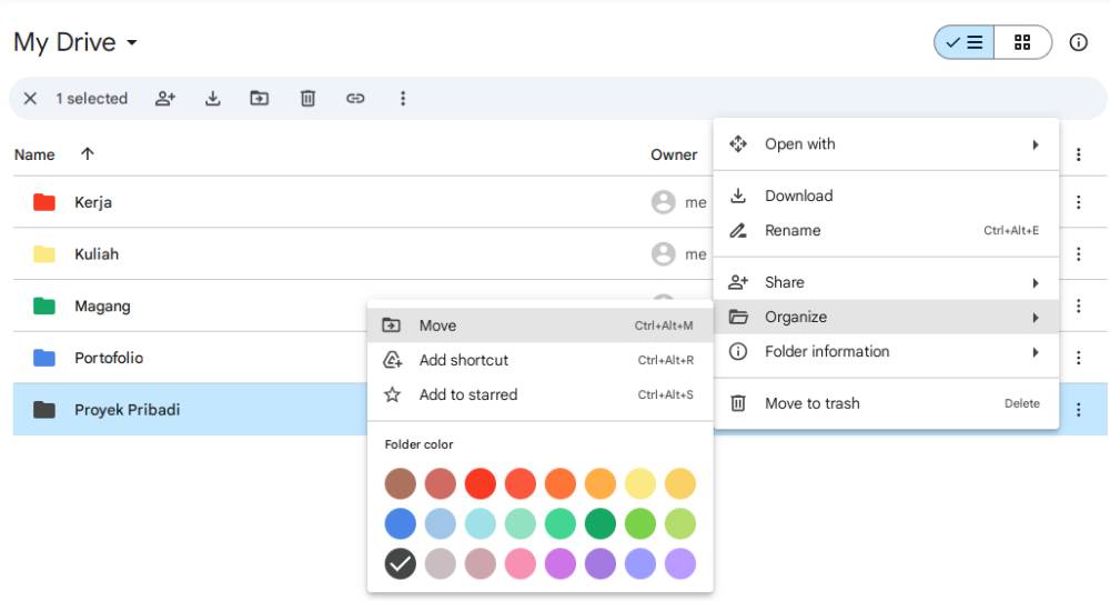tampilan memberi warna pada folder Google Drive (dok. pribadi/Diyah Esti Cahyo Pertiwi)
