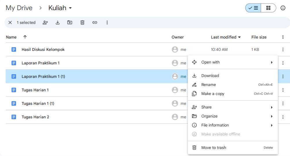 tampilan membersihkan file Google Drive (dok. pribadi/Diyah Esti Cahyo Pertiwi)