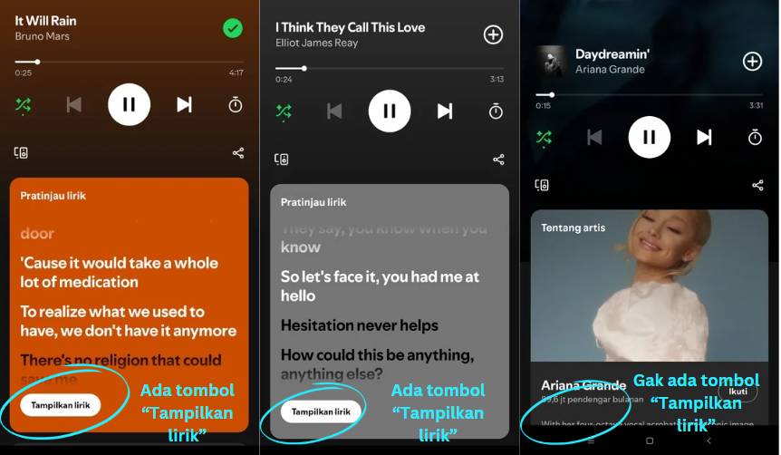tampilan perbandingan bagian lirik lagu di Spotify (dok. pribadi/Diyah Esti Cahyo Pertiwi)