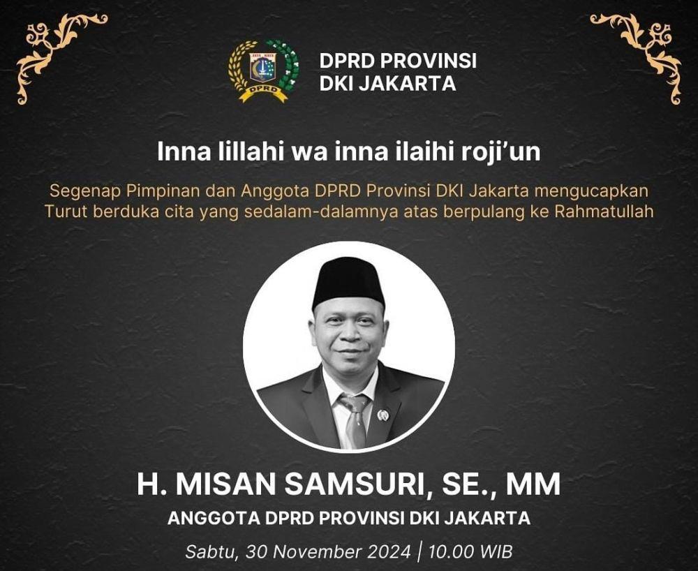 Kabar Duka, Anggota DPRD DKI Jakarta Misan Samsuri Meninggal Dunia