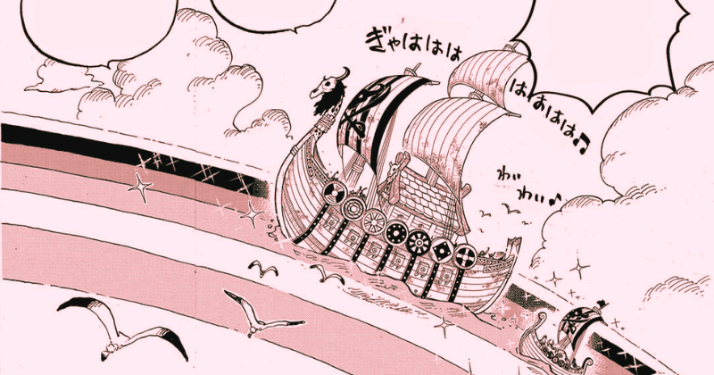 Kapal Bajak Laut Raksasa mengendarai pelangi. (mangaplus.shueisha.co.jp/One Piece)