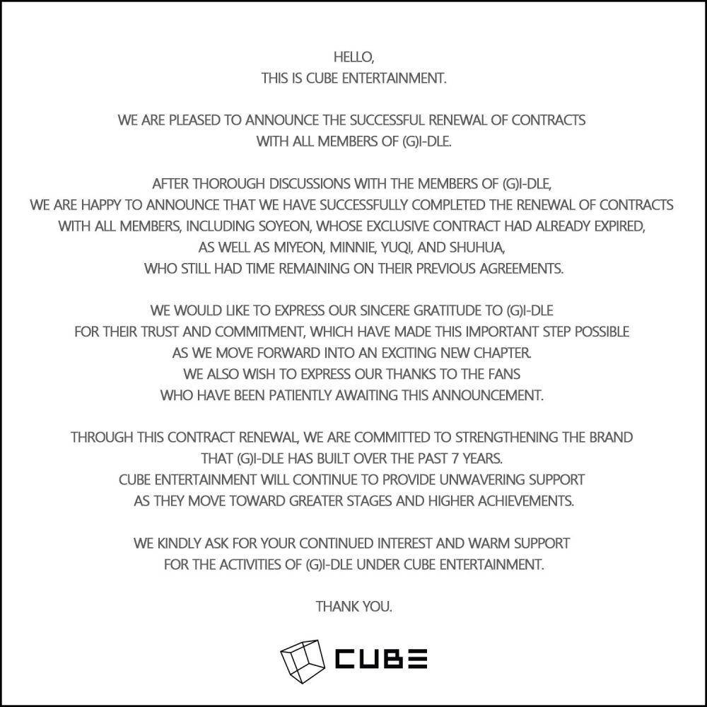 pengumuman perpanjangan kontrak (G)I-DLE bersama Cube Entertainment (x.com/G_I_DLE)