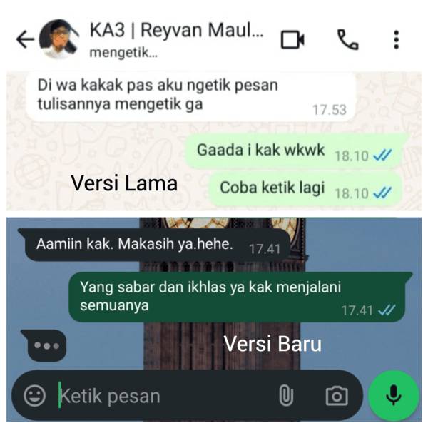 Ikon mengetik pada WhatsApp versi lama dengan titik tiga dan bubble chat pada WhatsApp versi baru (dok.pribadi/Reyvan Maulid)