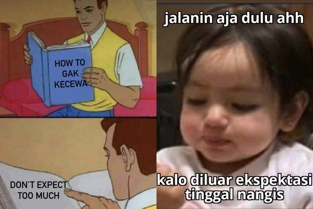 kolase meme kecewa gegara ekspektasi (x.com/monmonicagraysh I x.com/Mumettipis)