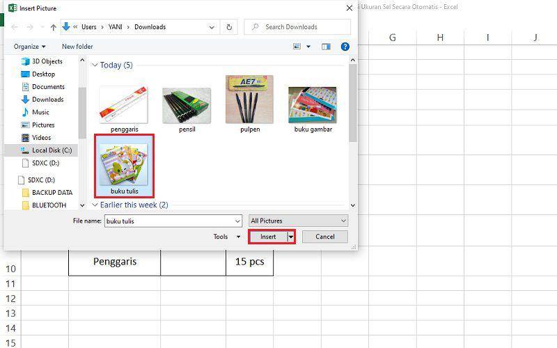 cara insert gambar di Excel sesuai ukuran sel (dok. pribadi/Jubaedah Haryani)