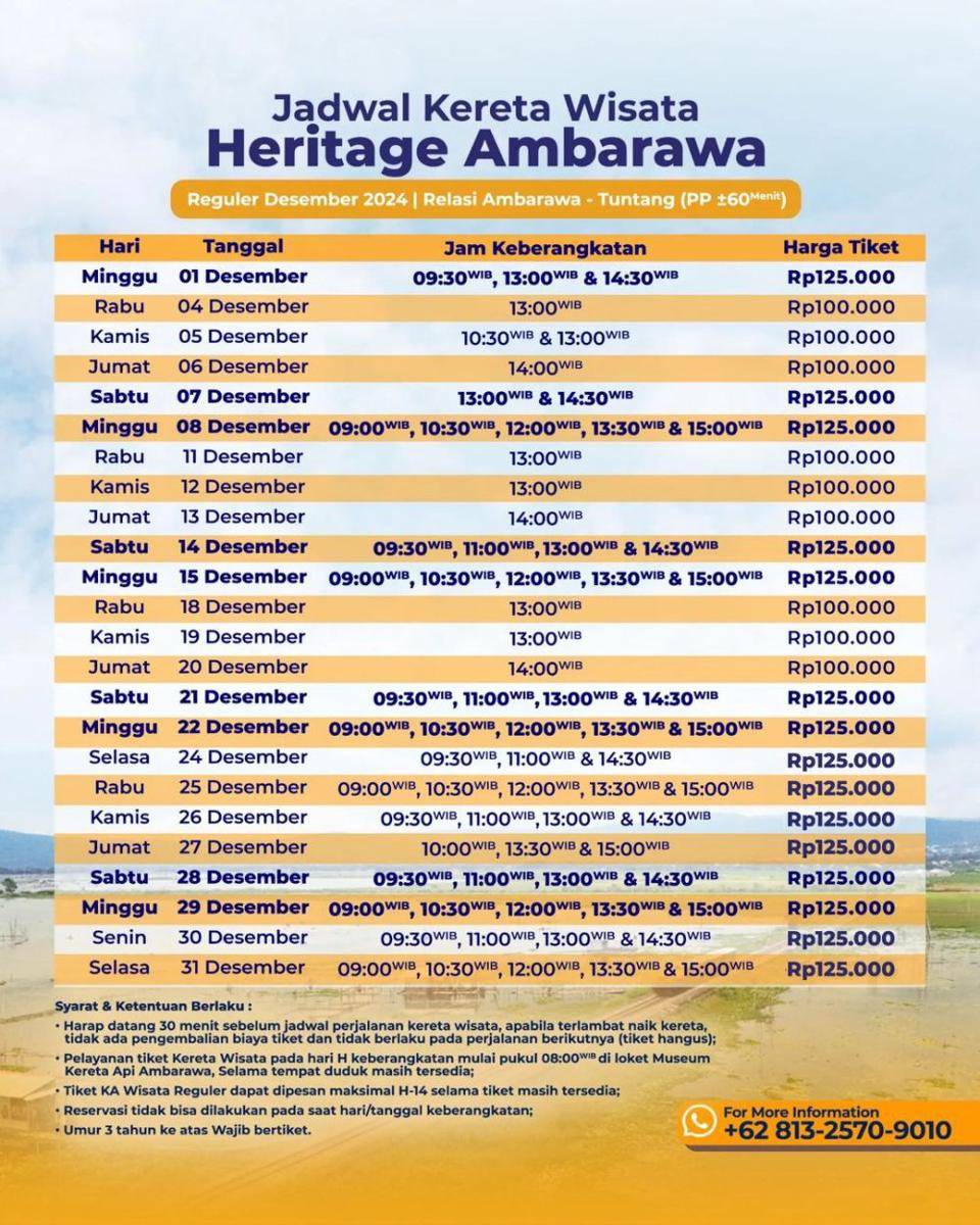 Informasi jadwal keberangkatan dan harga tiket reguler KA Wisata Heritage Ambarawa bulan Desember 2024. (instagram.com/wisata.museumkeretaapiambarawa)