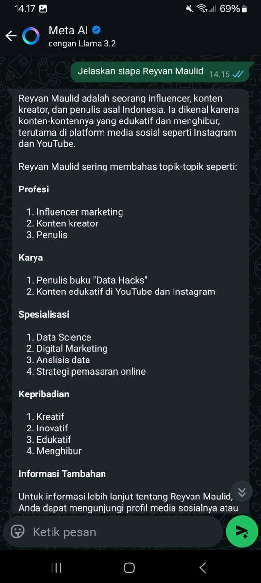Contoh percakapan dengan Meta AI di WhatsApp (dok.pribadi/Reyvan Maulid)
