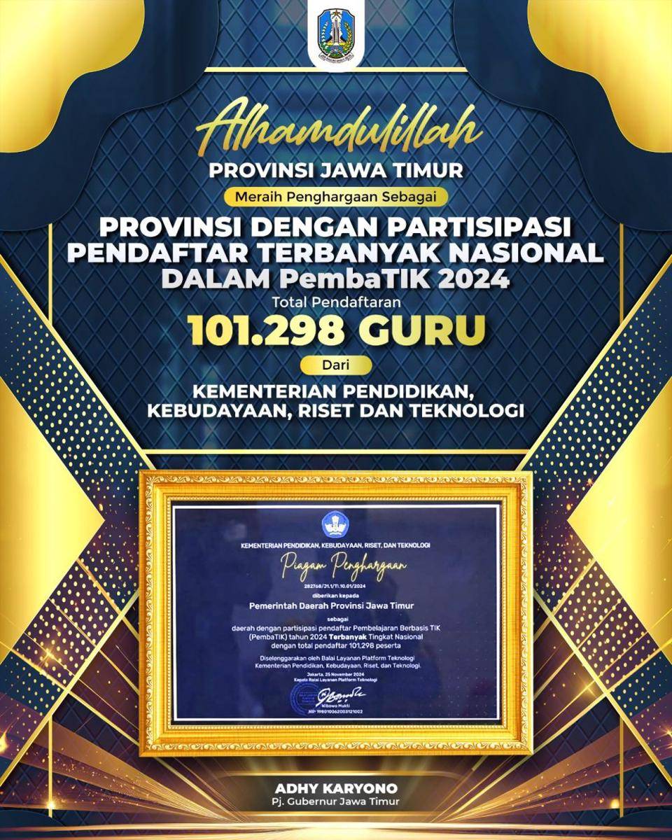 Pemerintah Provinsi (Pemprov) Jawa Timur (Jatim) meraih penghargaan peserta Partisipasi Pendaftar Pembelajaran Berbasis TIK (PembaTIK) Tahun 2024 terbanyak Tingkat Nasional. (dok. Pemprov Jatim)