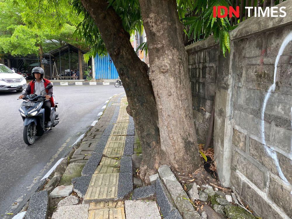 Pohon perindang beradu dengan trotoar sebagai jalur pedestrian, belum dibangun dengan tepat. (IDN Times/Yuko Utami)